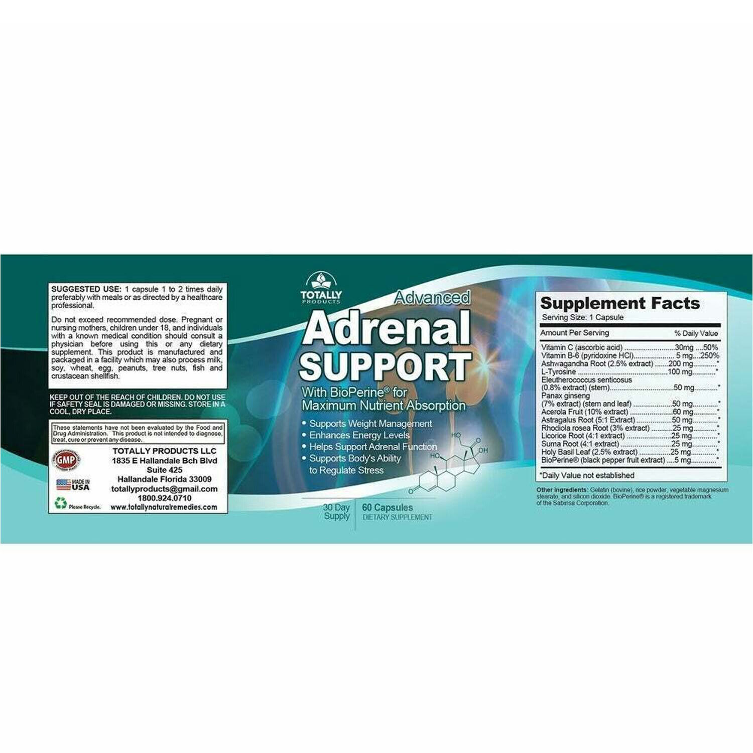Adrenal Support Energy Supplement & Appetite Control Weight Management 60 Tabs