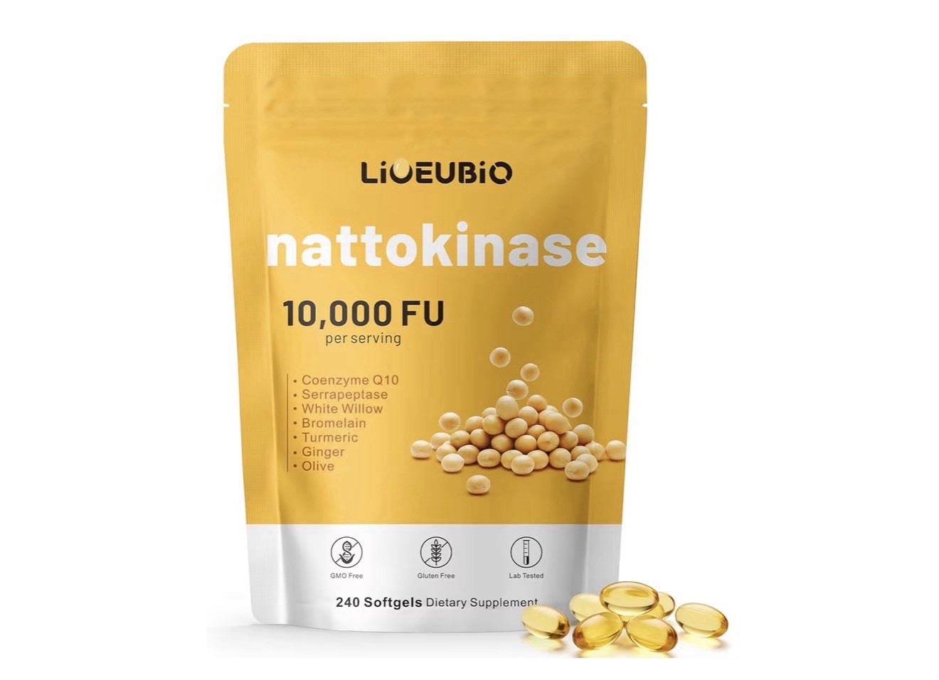 LIOEUBIO Nattokinase 10,000 FU 240 Softgels CoQ10 Turmeric, Gluten-Free