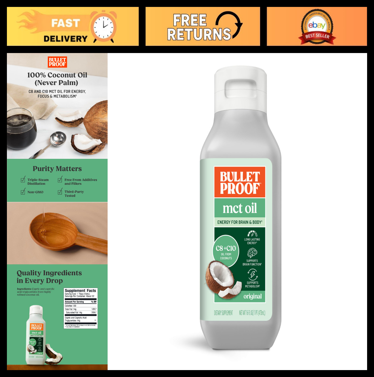 100% Pure MCT Oil, Triple-Distilled Coconut Oil, Keto Energy, Unflavored, 16 oz