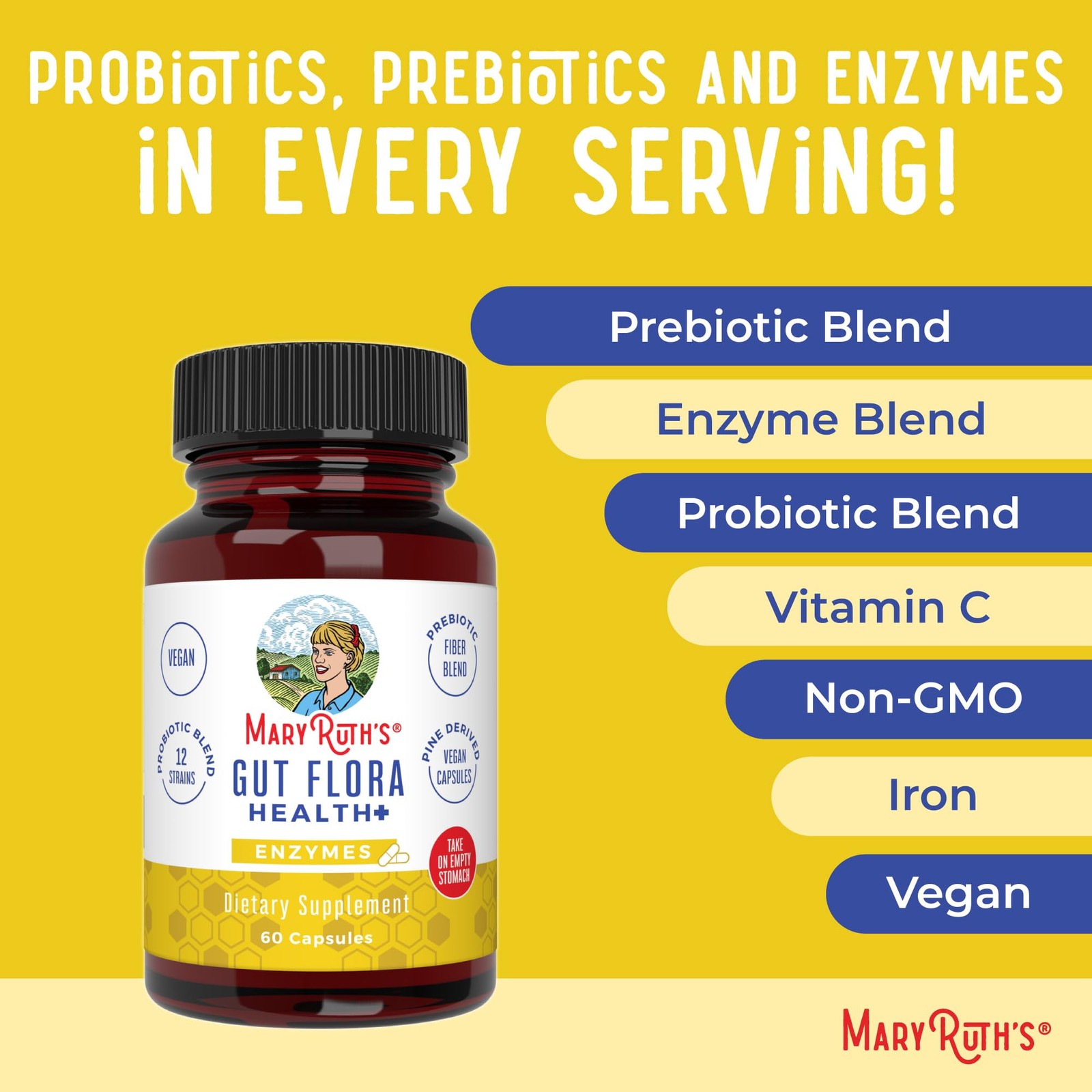 MaryRuth Organics Gut Flora Health+ Enzymes | Up to 2 Month Supply | Prebioti…