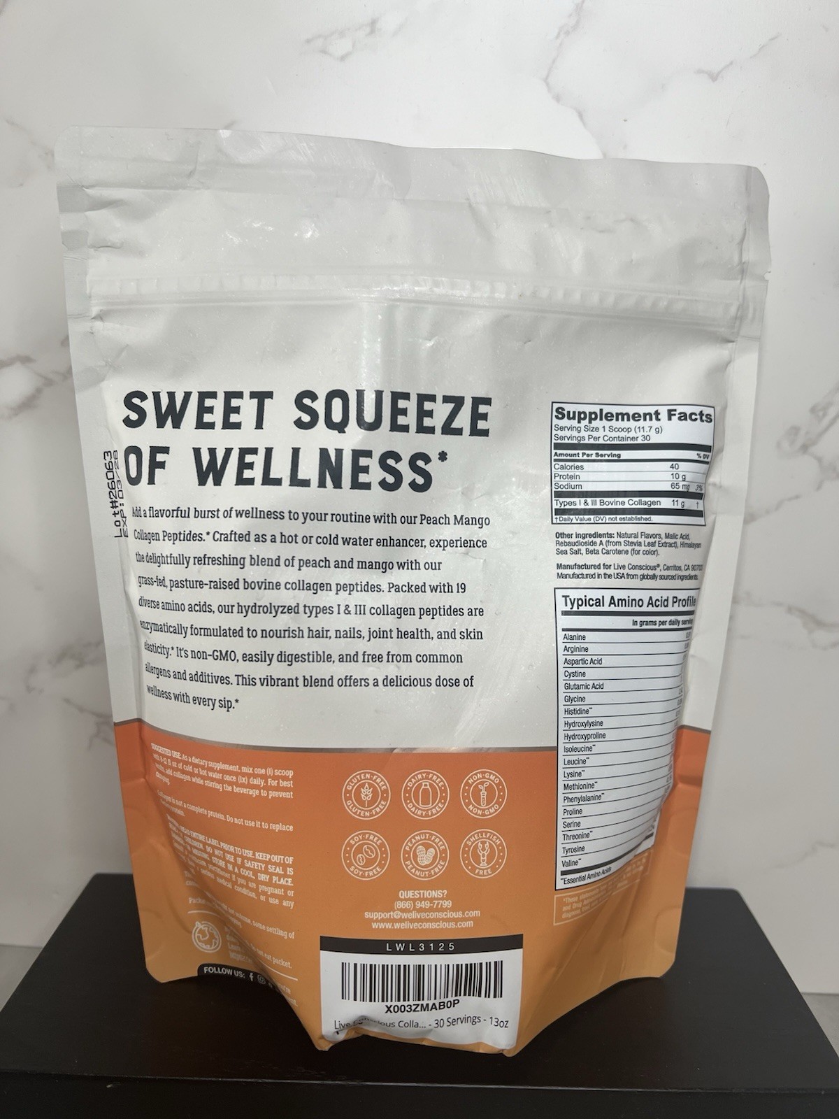 Live Conscious Collagen Peptides Powder Peach Mango Non-GMO 12.4 oz Exp 03/28