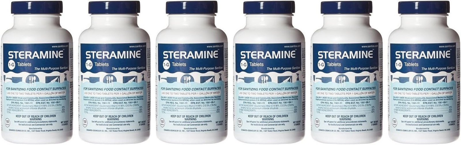 Steramine Quaternary Sanitizing Tablets (6 Pack of 150 Each), Blue