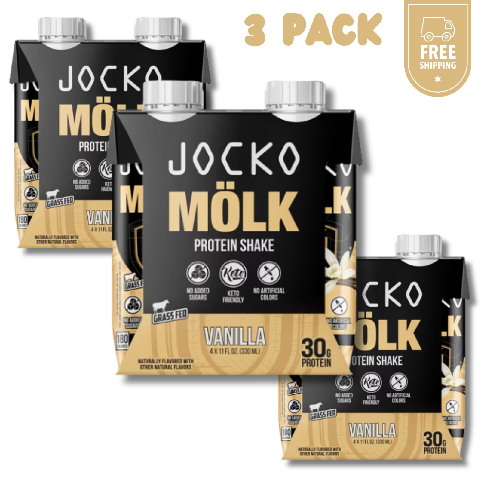 (3 pack) Jocko Fuel Protein Shake, Vanilla, 11oz, 4 Count, 30g Protein
