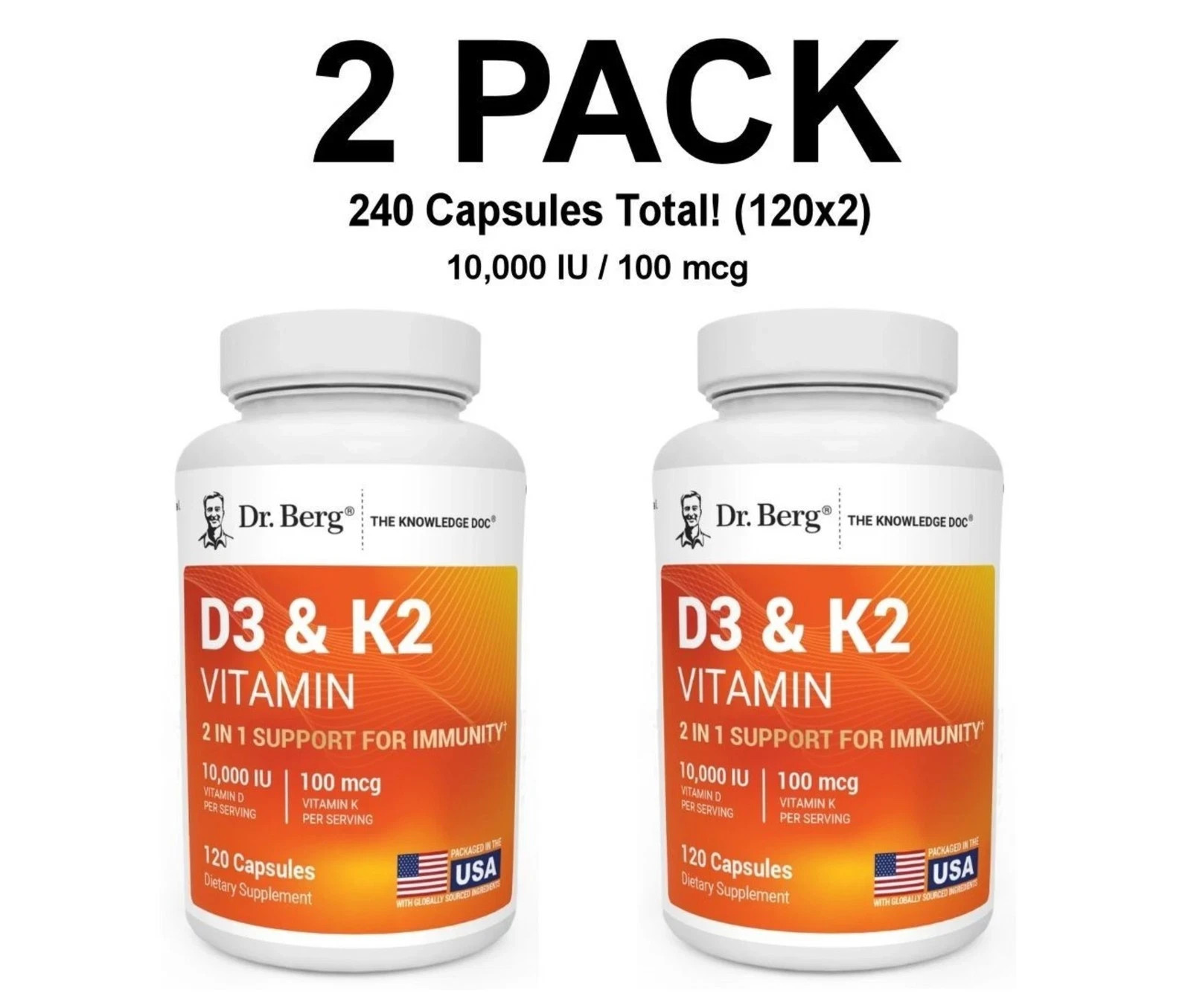 2 PACK-Dr. Berg’s D3 & K2 Vitamin, 10,000 IU, 100 mcg per serving, 120 Capsules