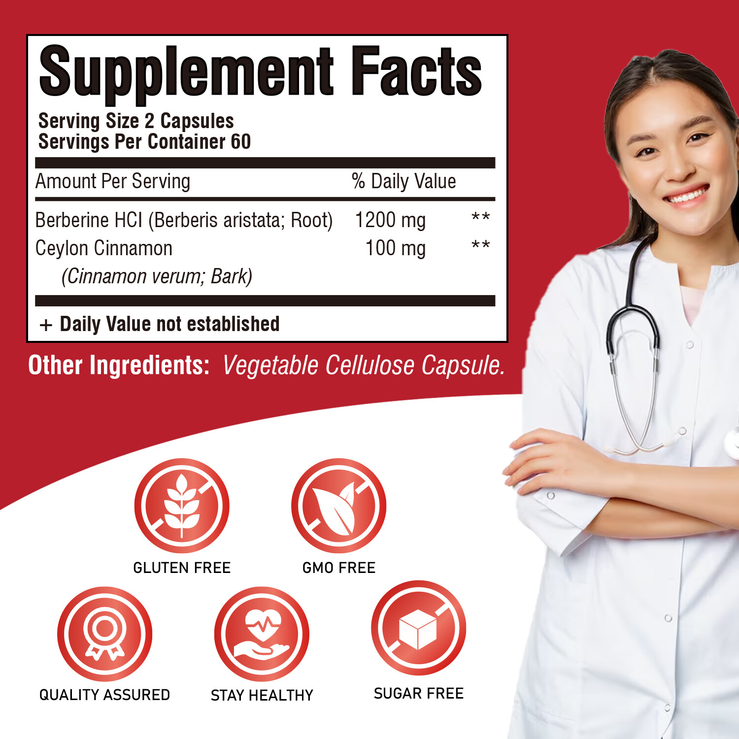 Premium Berberine HCL 1200mg with Ceylon Cinnamon -Supports Immune & Antioxidant