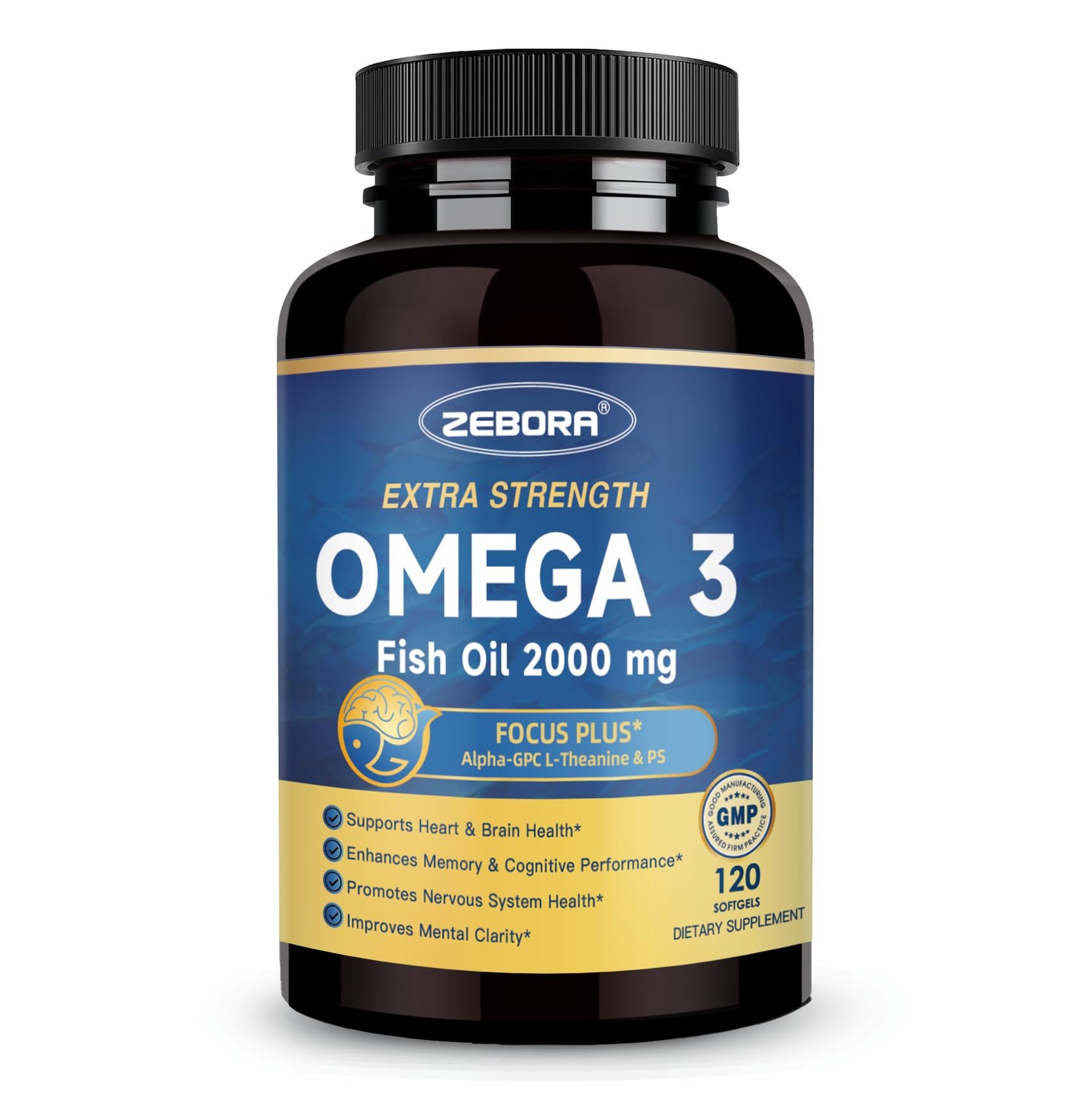 ZEBORA Omega-3 Fish Oil 2000mg – High Potency DHA & EPA 120 Count (Pack of 1)