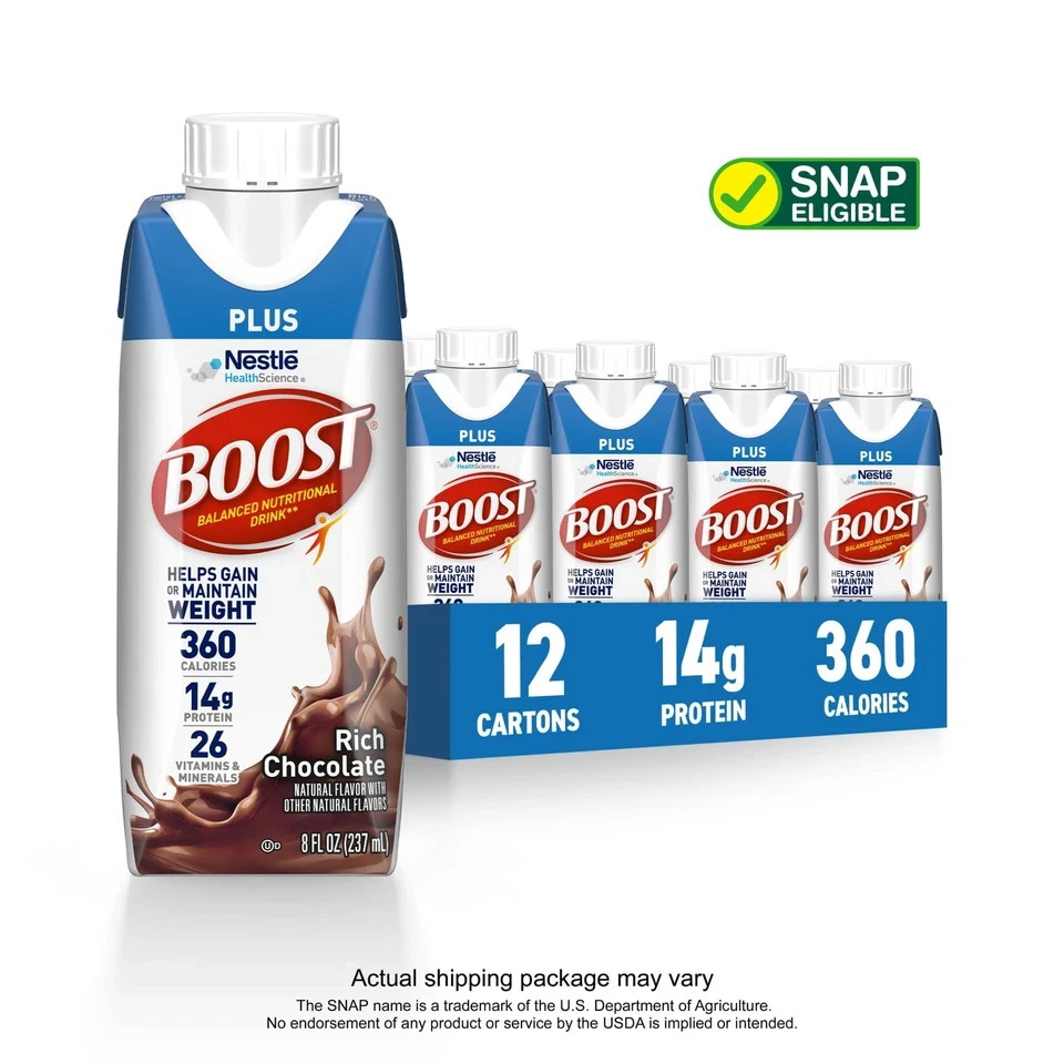 BOOST Plus Nutritional Drink Protein Shakes, Rich Chocolate, 8 fl oz, 12 Pack