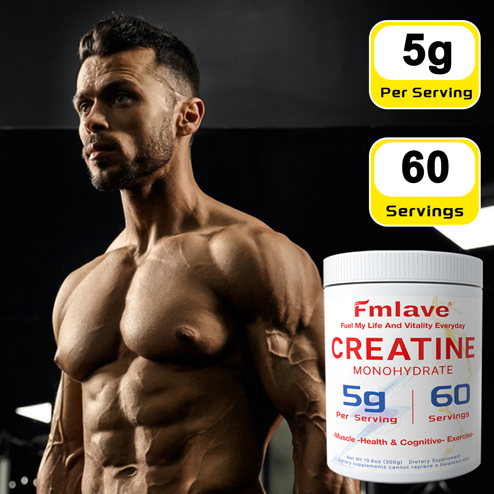 Fmlave Creatine Monohydrate 5g Micronized Creatine 10.58oz – 60 Serving Non-GMO