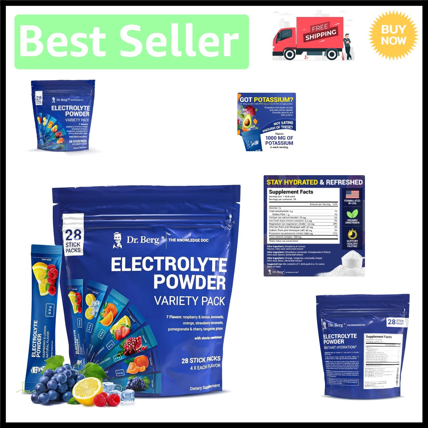 Keto-Friendly Electrolyte Mix by Dr. Berg – 7 Flavors, 28 Packets for Hydration