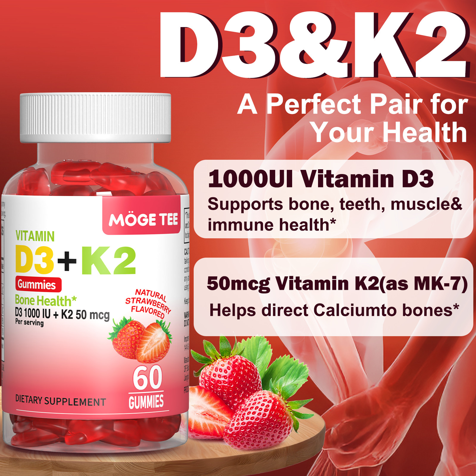2Pack Vitamin D3 K2 Gummies – 60 Count – Support Bone Heart Immune Health Energy