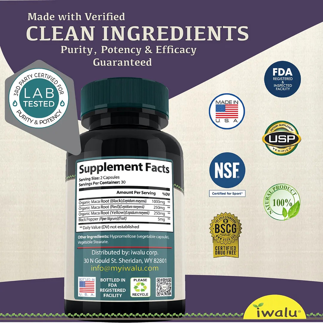 Nusa Pure Black Maca | Best Supplement Capsule Pill Men Women FREE SHIP