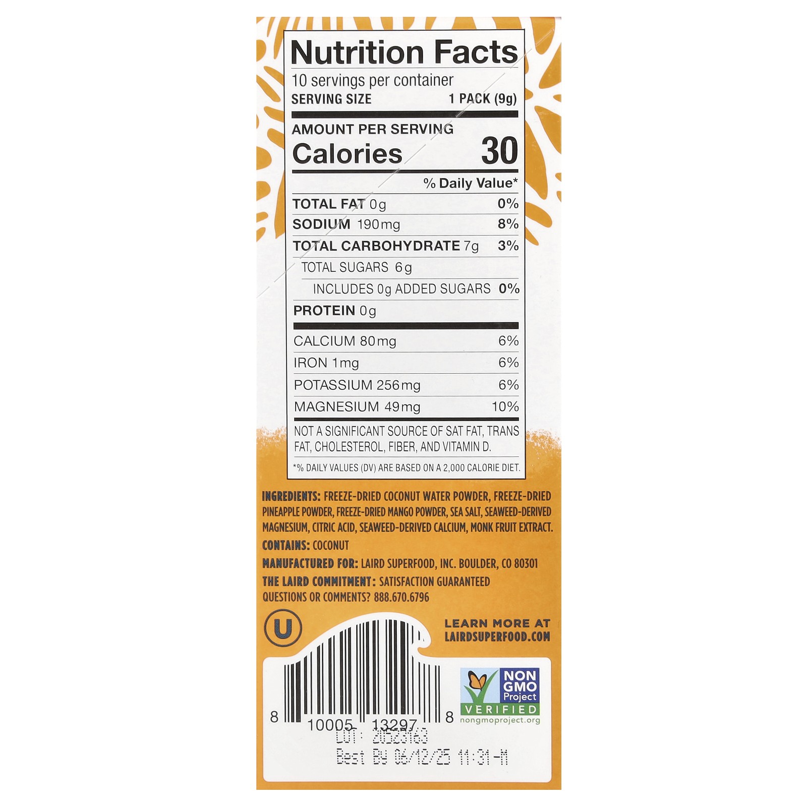 Hydrate Coconut Water, Electrolyte Drink Mix, Mango Pineapple, 10 Single Serve