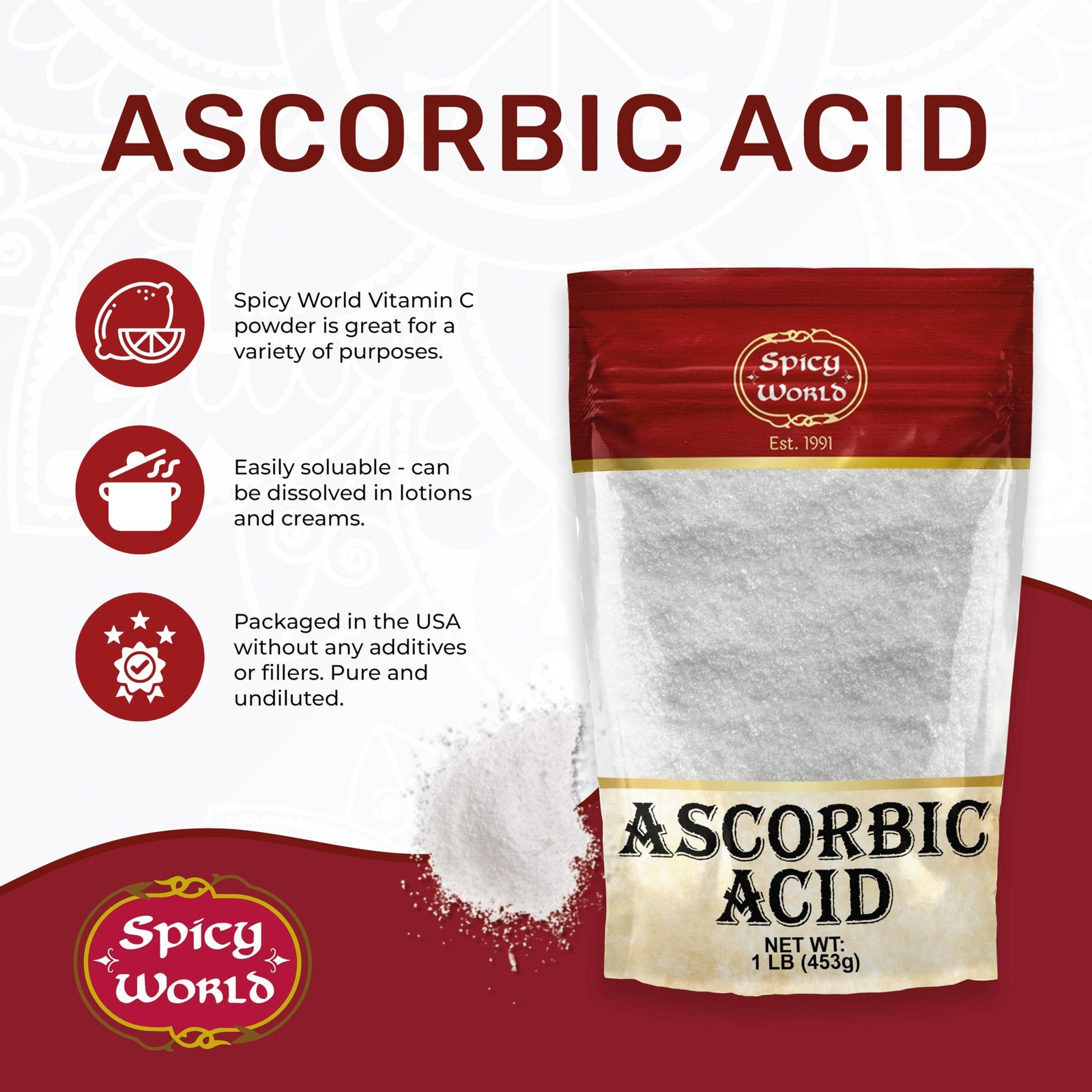 Spicy World Ascorbic Acid 1 LB Bulk Bag – Pure Vitamin C 16 Ounce (Pack of 1)