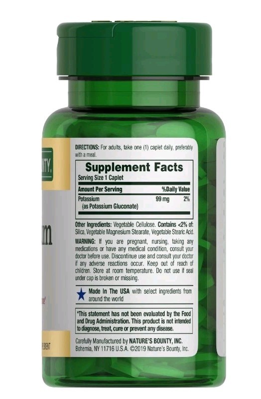 Two New Nature’s Bounty Potassium 99Mg 100 Caplets Bottles-Exp 07/2027 & 05/2028