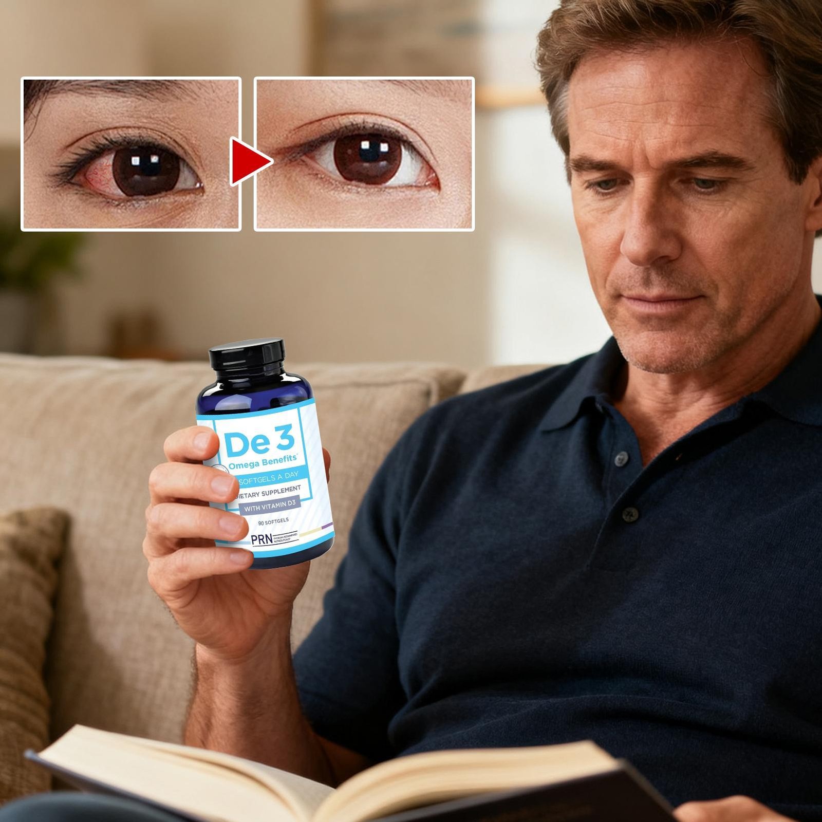 PRN De3 Dry Eye Omega Benefits Dietary Supplement with Vitamin D3 90 Softgels