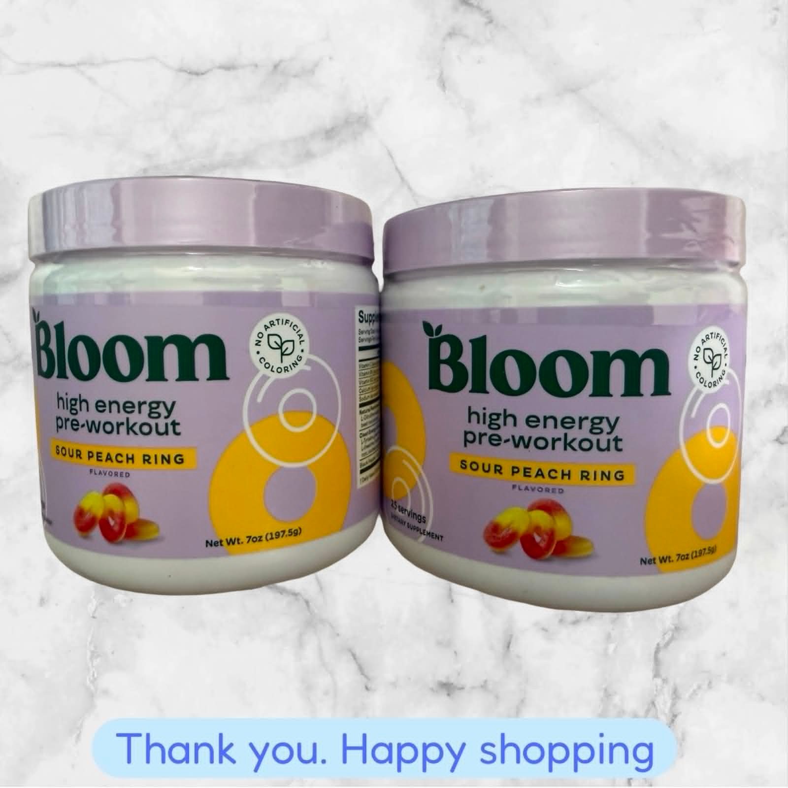 FOR 2 BLOOM High Energy Pre-workout Sour Peach Ring 25 Servings 7 oz Each NEW