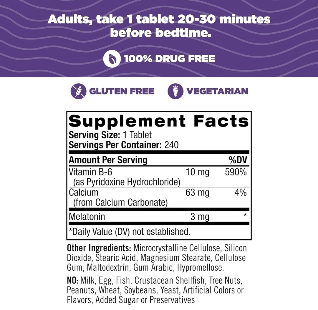 Natrol Melatonin 3 mg 240 Tablets Egg-Free, Fish Free, Milk-Free, 100% Drug Free