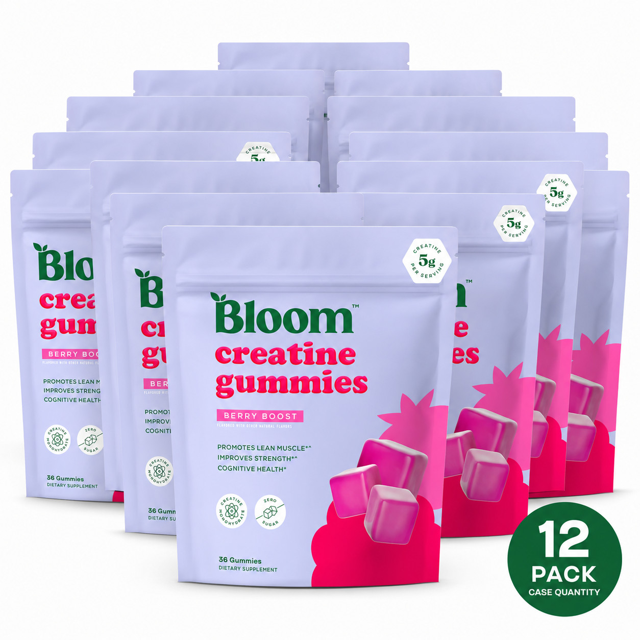 12 PACK Bloom Creatine Gummies | 5g Per Serving Berry Boost Zero Sugar 36 Count