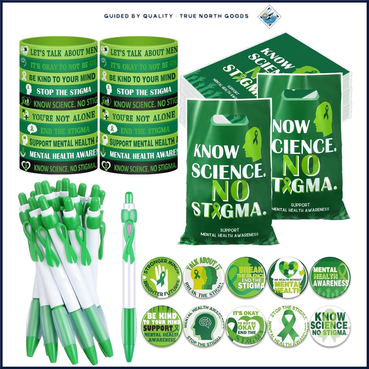 Complete Mental Health Support Package with 50 Gift Bags and Green Accessories