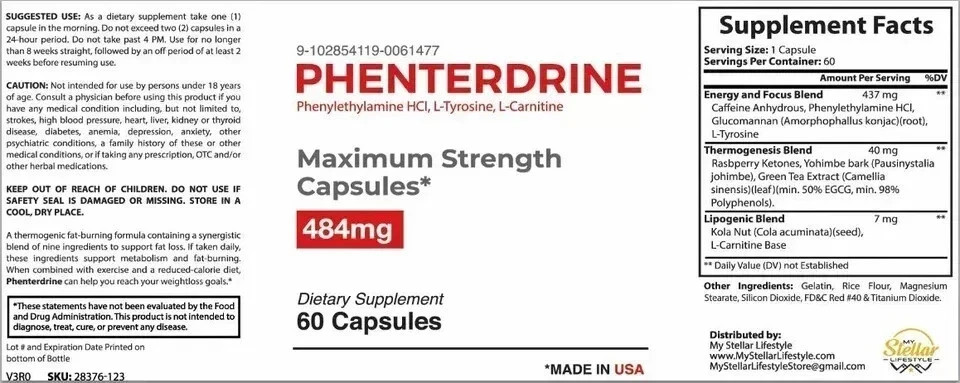 Phenterdrine, thermogenic fat burning formula 60 Capsules, Free Ship – Pack of 5