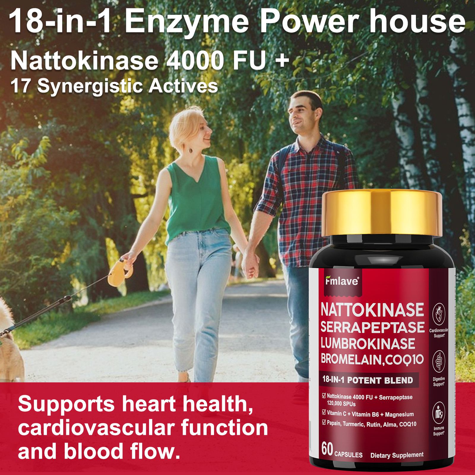 Nattokinase 4000 FU Serrapeptase 120000 SPU Lumbrokinase Enzyme Supplement CoQ10