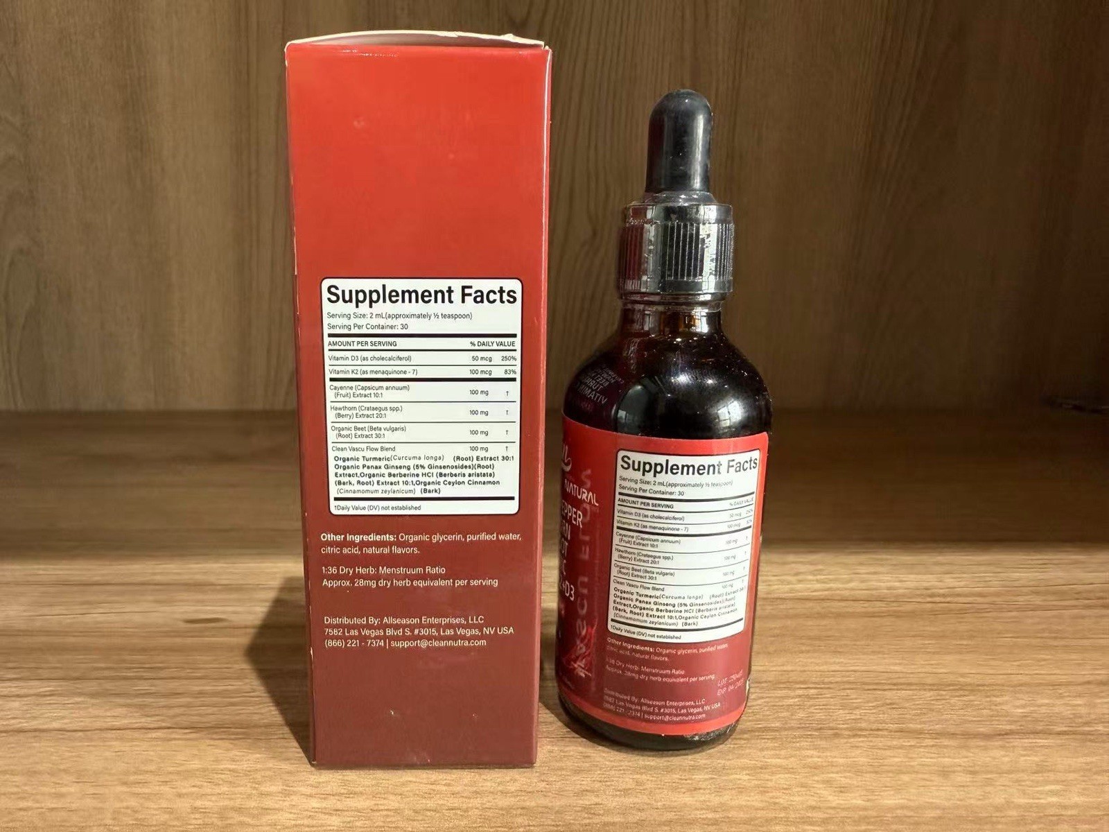 Clean Nutra Vascu Flow Liquid Drops Cayenne Hawthorn Beet Vitamin K2+D3 2 oz