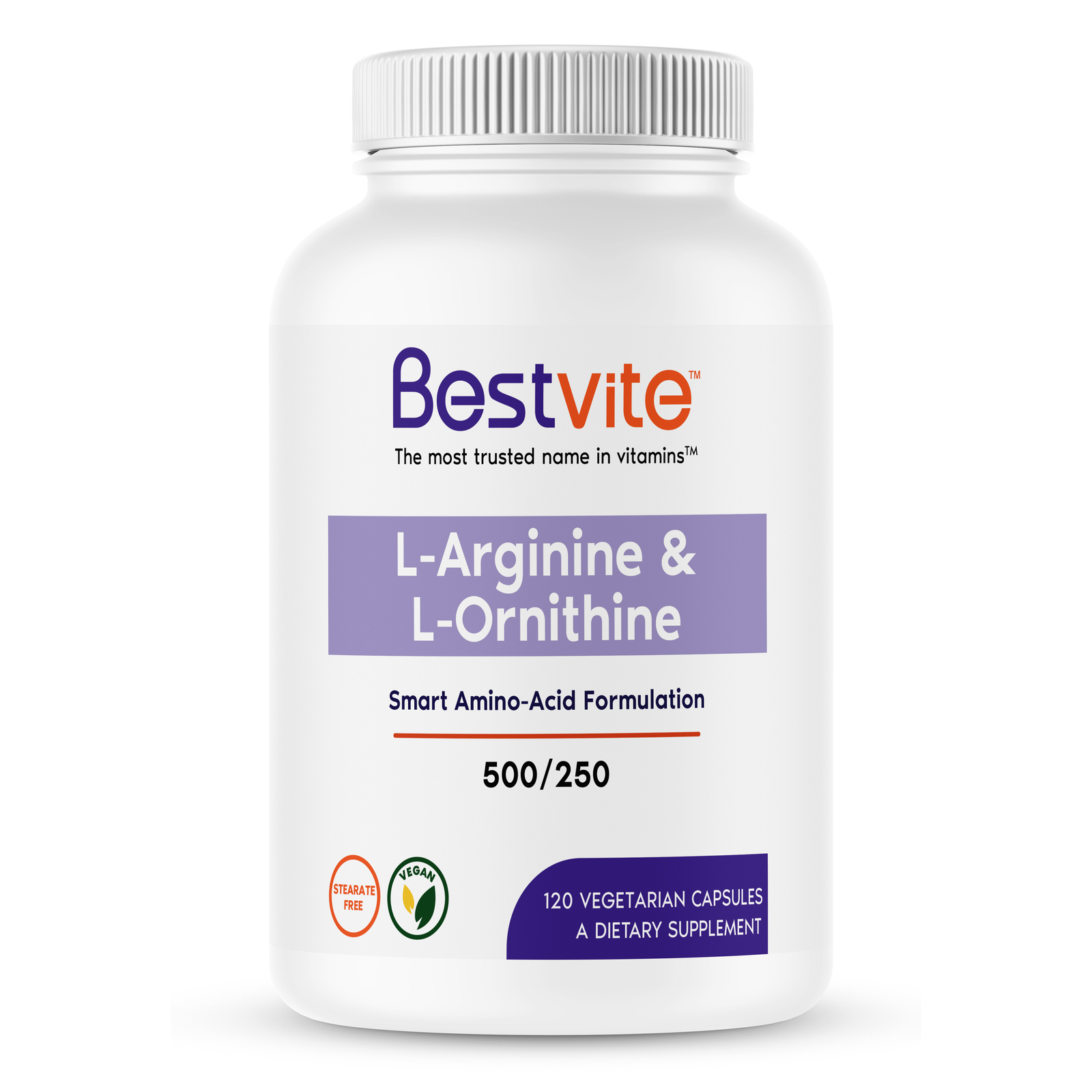 L-Arginine-L-Ornithine 500-250 (120 Vegetarian Capsules)-No Stearates-Vegan
