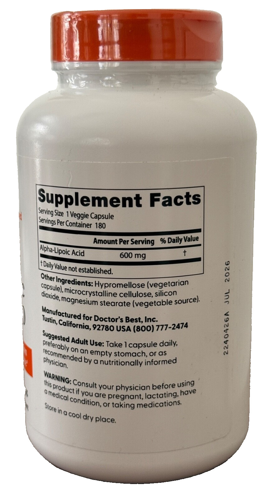 Doctors Best Alpha Lipoic Acid 600 mg Antioxidant, Glycemic Balance-180 Caps