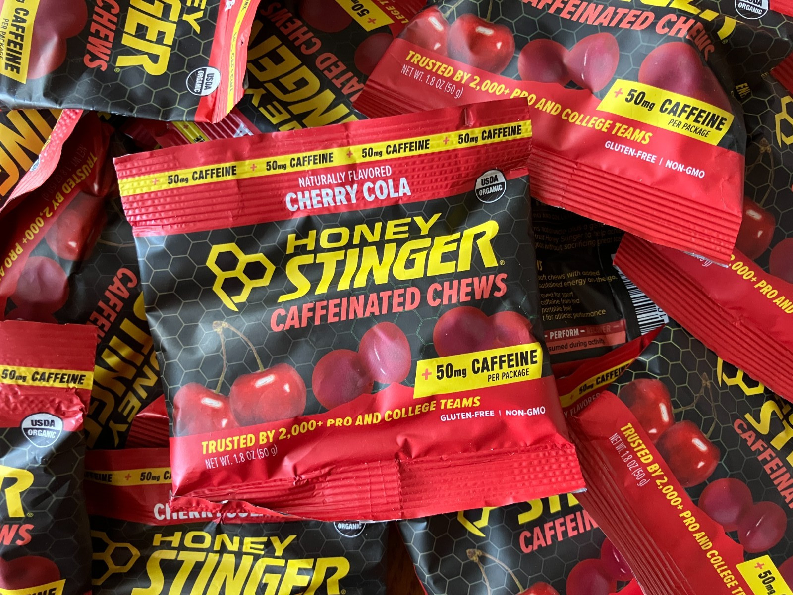 massive lot of 114 honey stinger energy chews caffeinated cherry cola 2027 dates