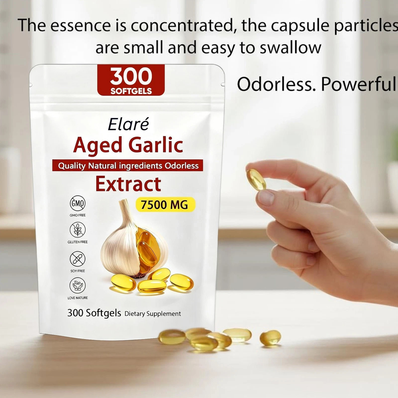 1-3Pack Elare Aged Garlic Extract, 300 Softgels, 7500mg Odorless Heart & Immune