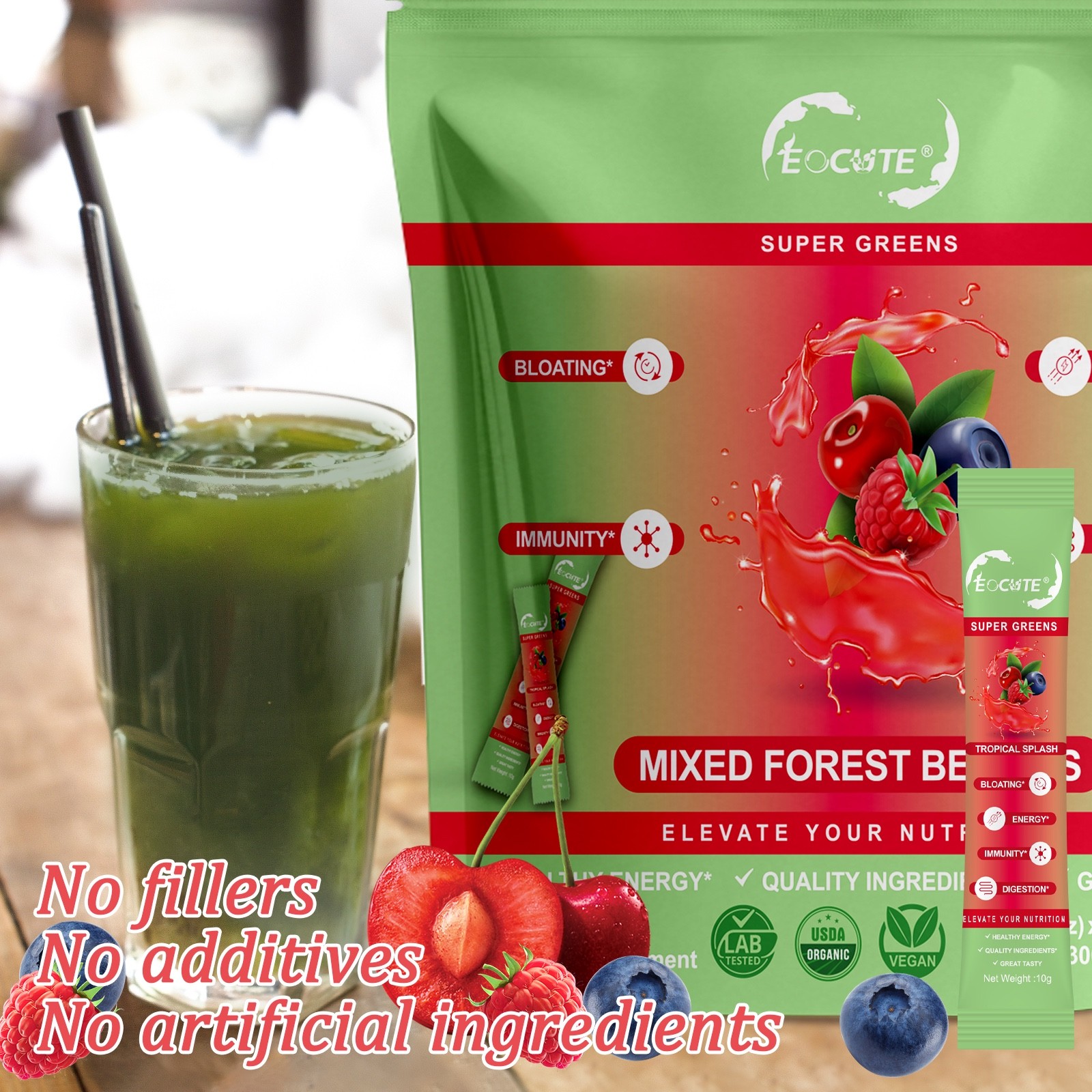 Super Greens Powder Reduce Bloat Digestive Health & More 3 flavors-30 packets US