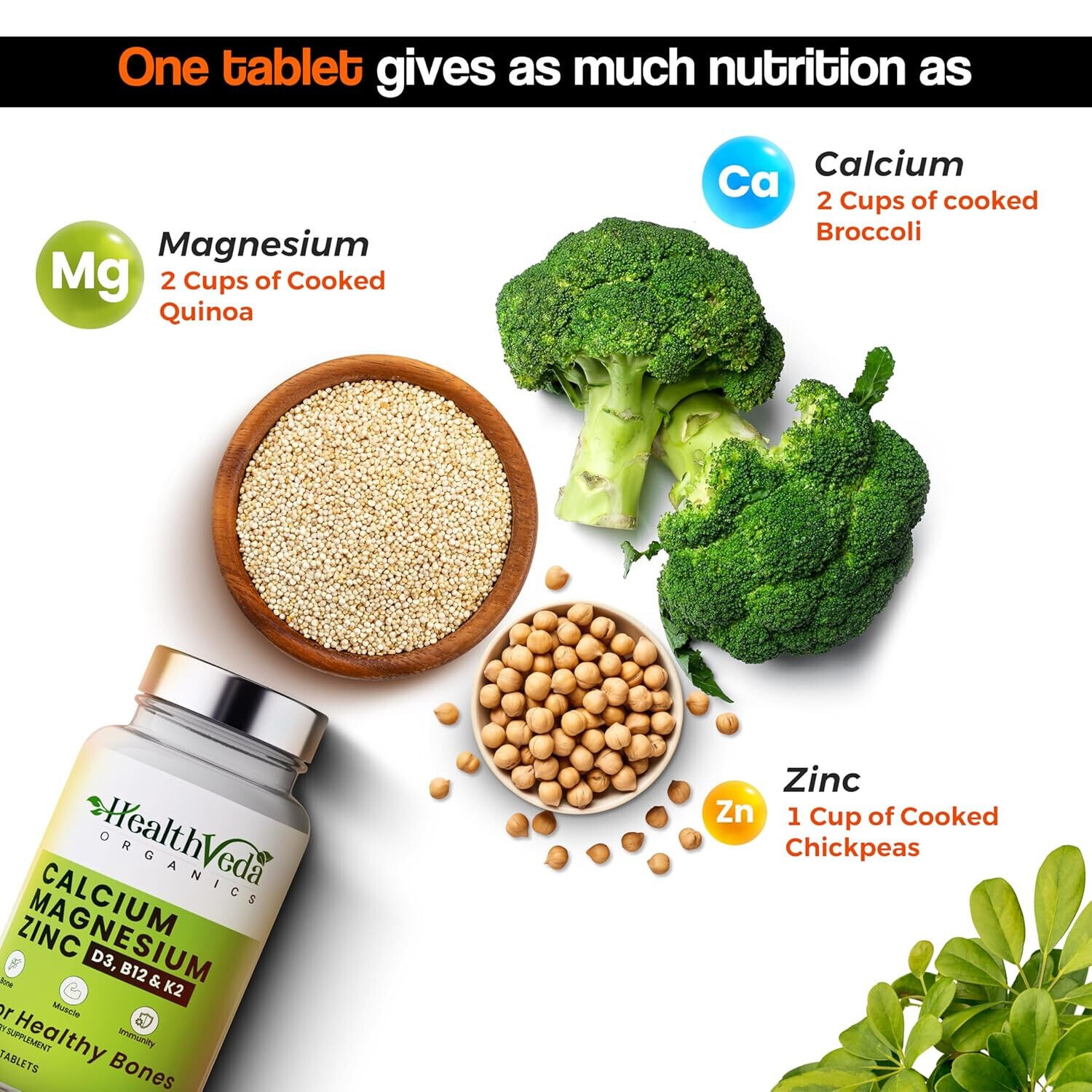 Health Veda Organics Calcium, Magnesium, Zinc with Vit D3, B12, 1000mg – 120 tab