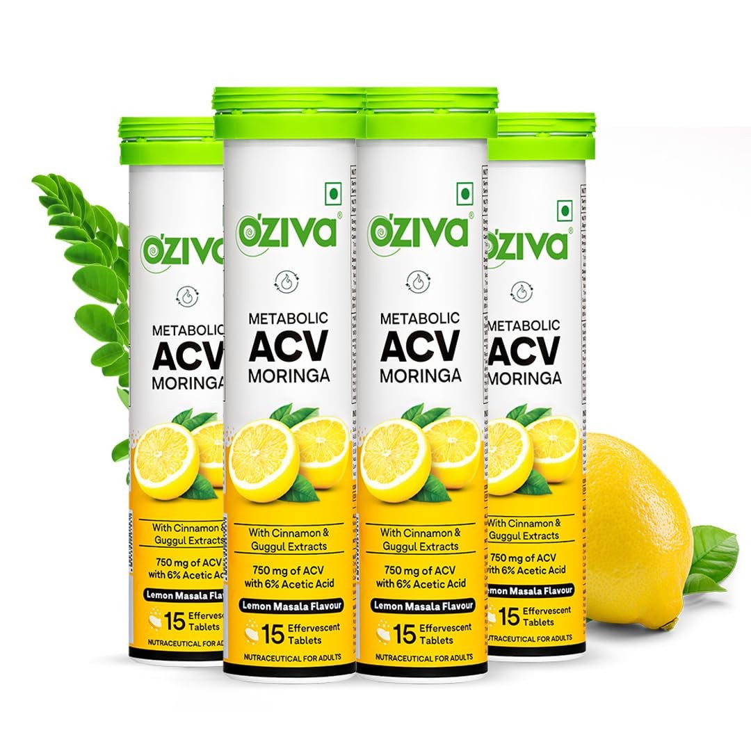 OZiva ACV Moringa Effervescent Lemon Masala, Pack of 4 (60 Tablets)