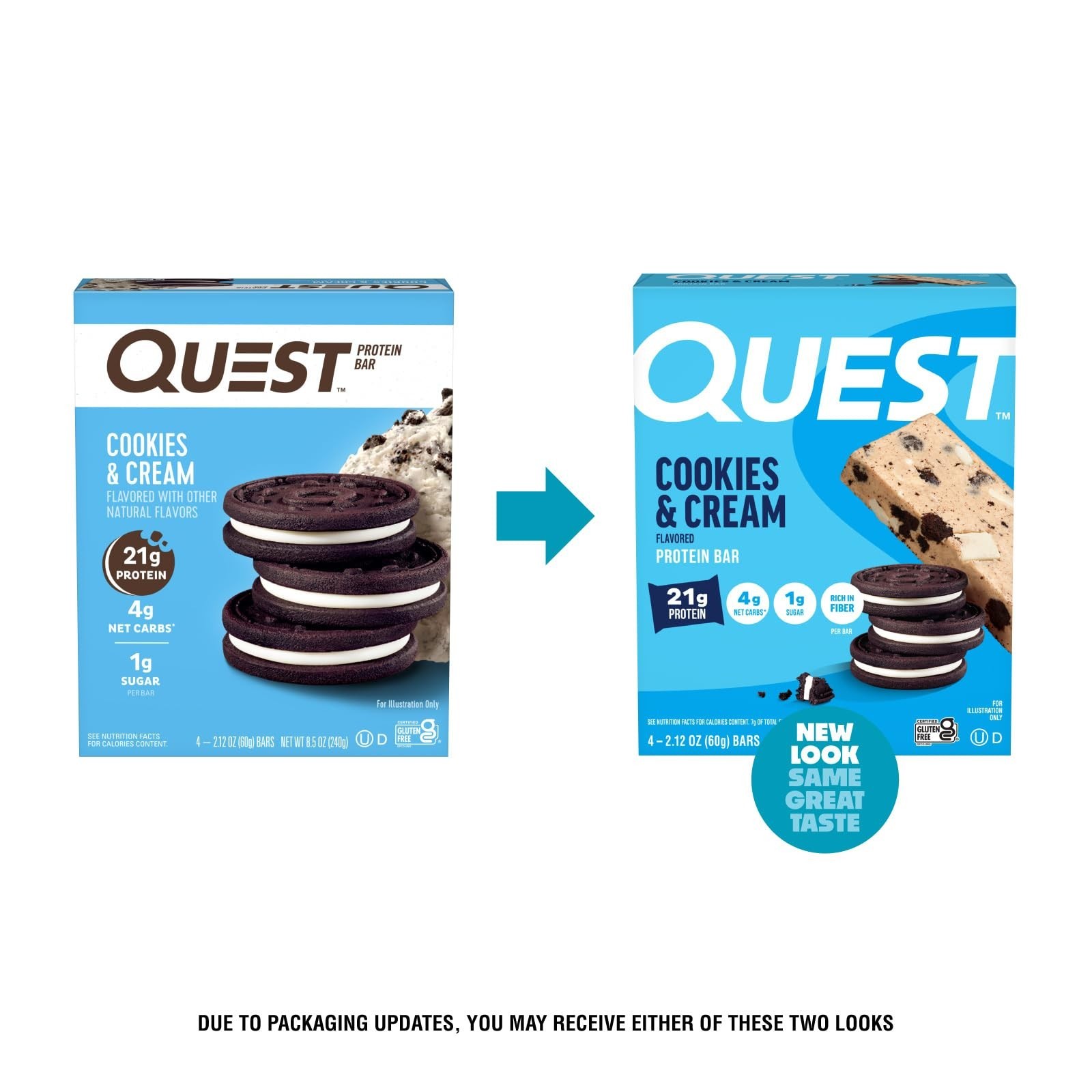 Quest Nutrition Cookies & Cream Protein Bars, 21g Protein, 4g Net Carbs, 1g S…