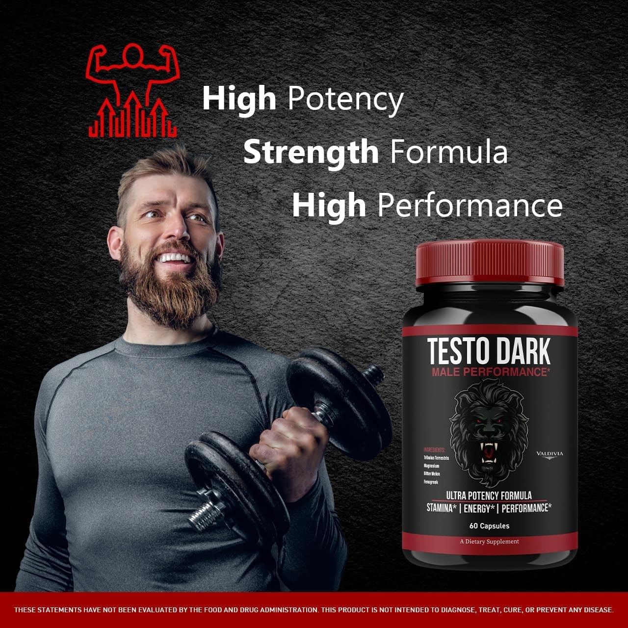 TestoDark Men Daily Wellness Energy Strength Support Capsules 1 Pack 60Ct