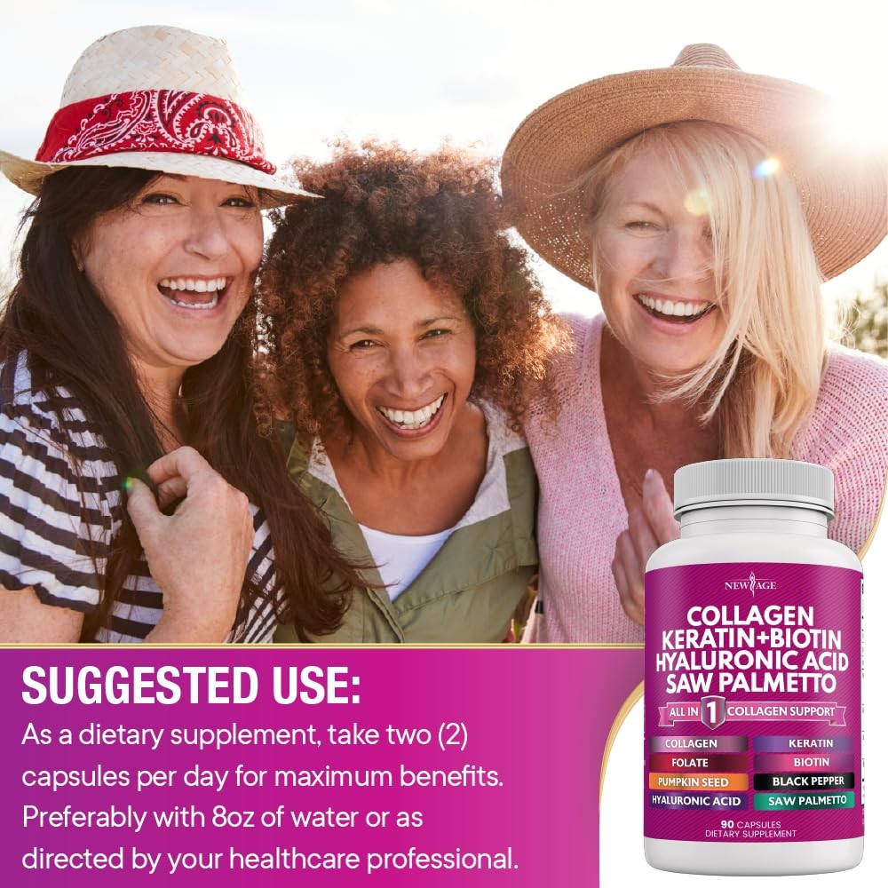 NEW AGE Collagen Pills Biotin Keratin Saw Palmetto 90 Count (Pack of 2)