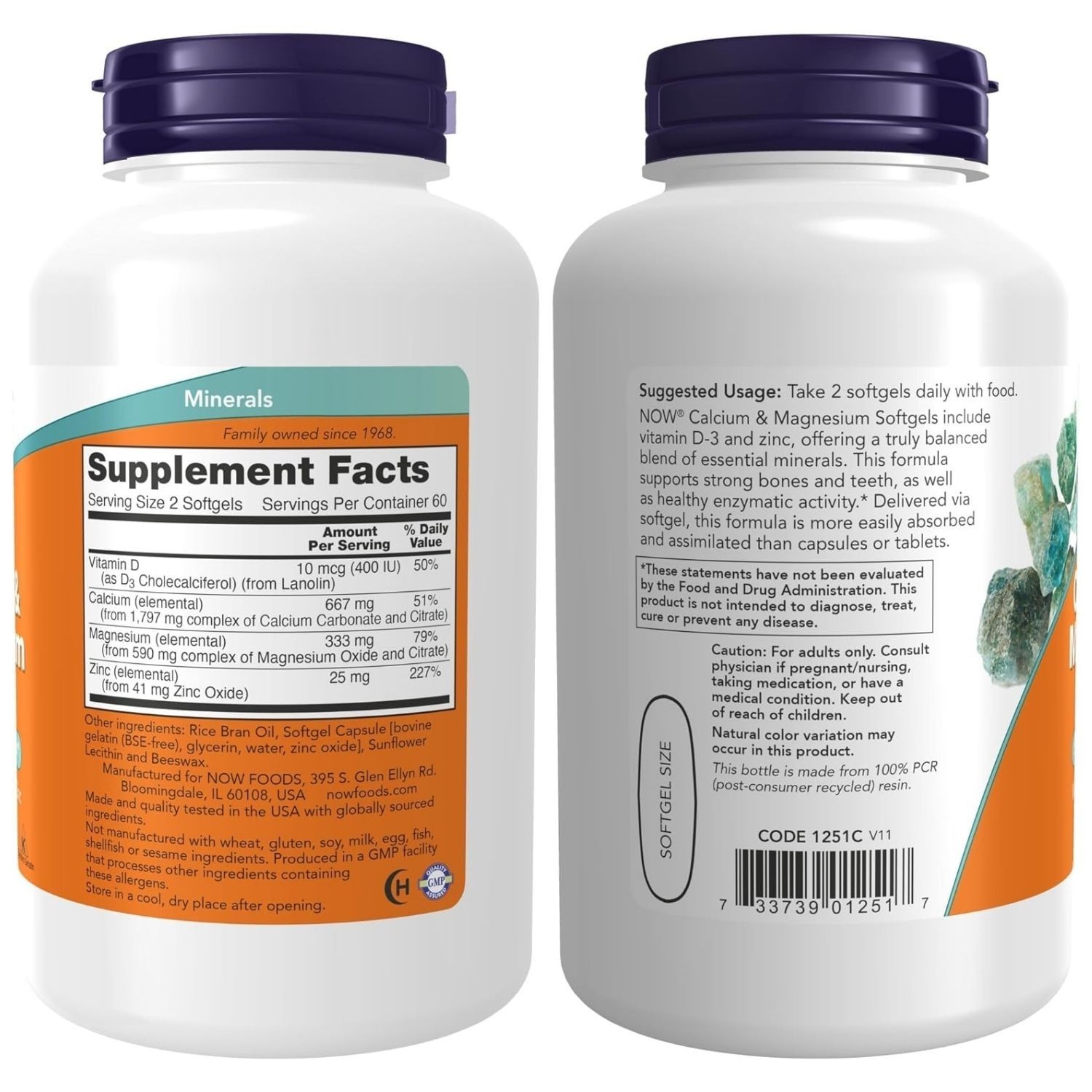 Calcium Magnesium Zinc 1025mg + Vitamin D3 400 IU | 120 Softgels | 60 Day Supply