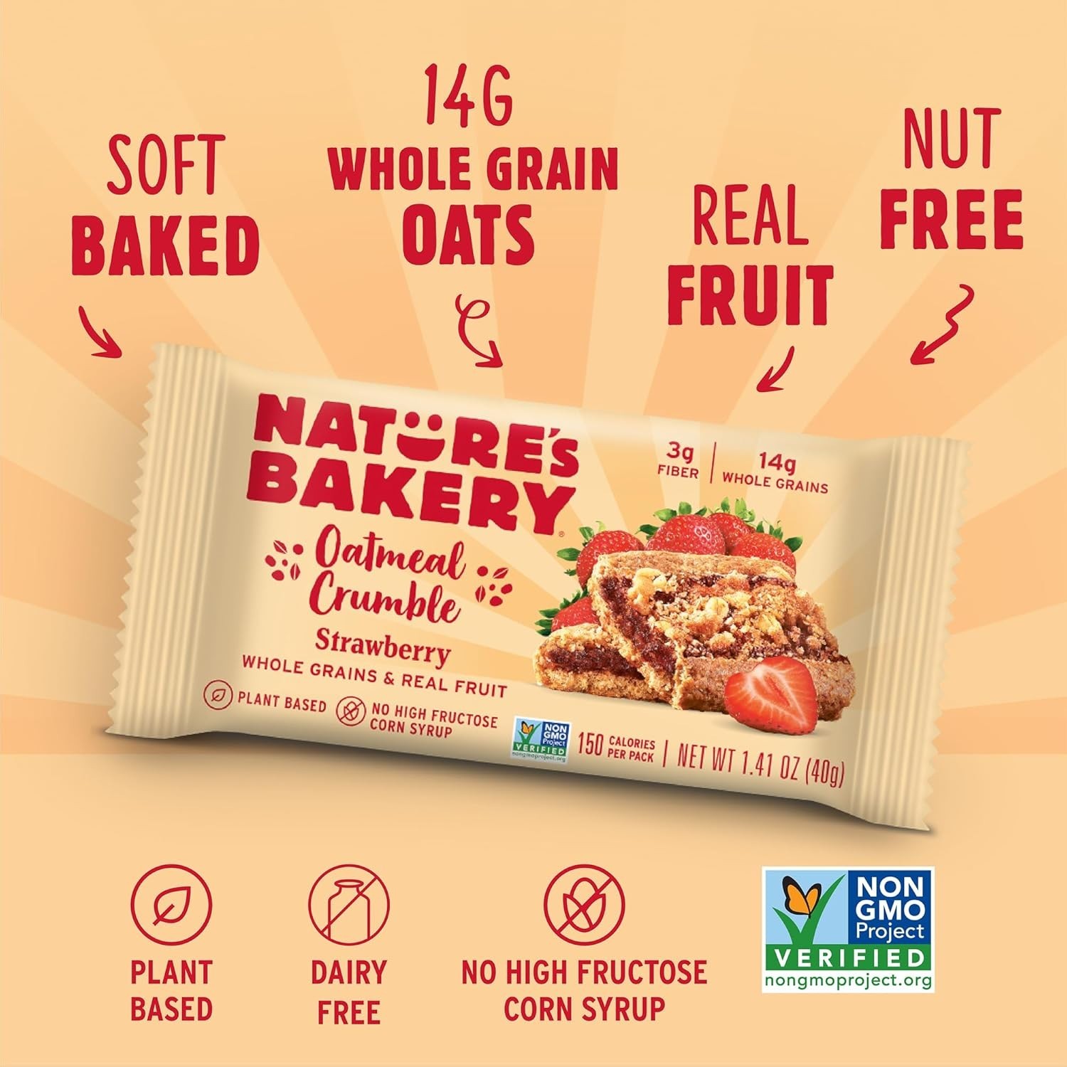 Nature’s Bakery Strawberry Oatmeal Crumble Bars – Plant-Based Snack, 6 Count Box