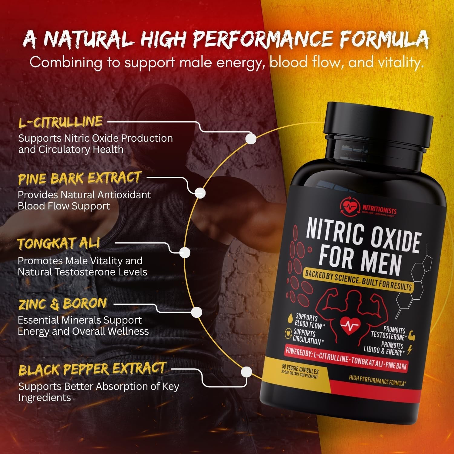 Nitric Oxide Supplement for Men, 90 Capsules | Daily Wellness & Performance Supp