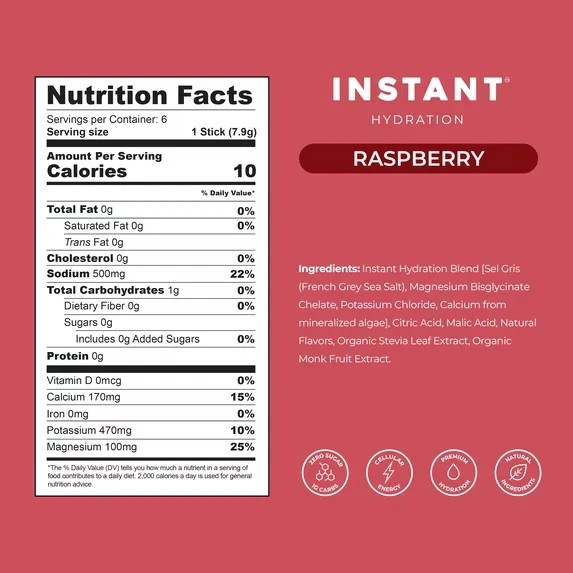 Instant Hydration Sugar Free Electrolyte Powder, Raspberry, 6 Sticks