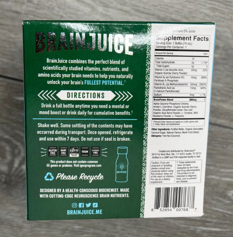 12ct BrainJuice Decaffeinated Classic Brain Booster Drink Supplement 2.5 oz each
