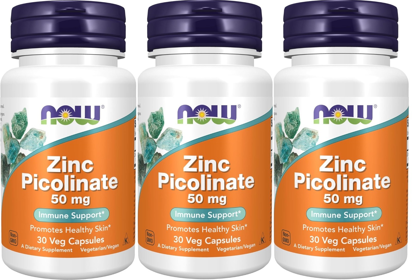 NOW Zinc Picolinate 50mg 30 Veg Caps, Enzyme Functions, Immune & Skin 3PACK