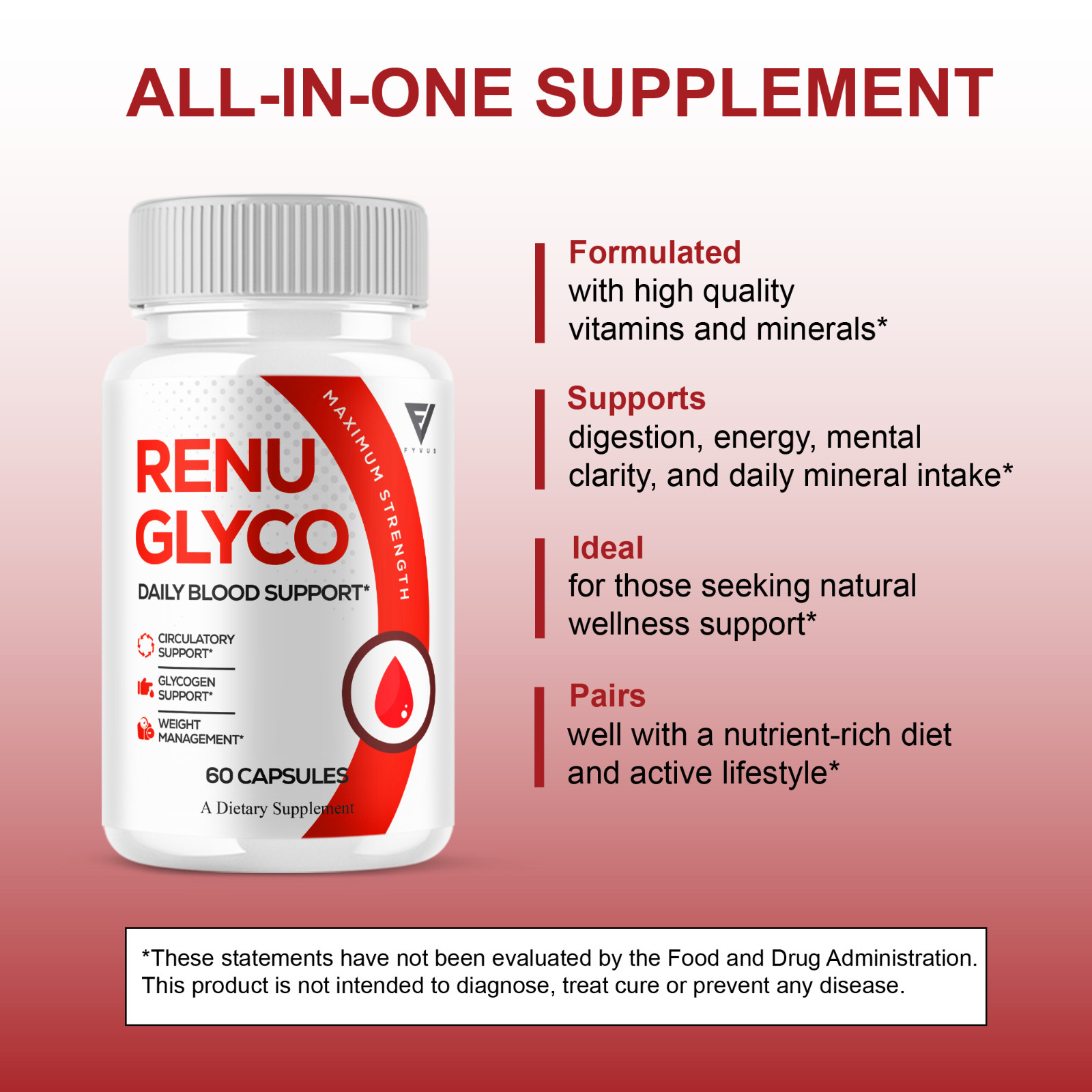 Renu Glyco Daily Blood Support Capsules, RenuGlyco Pills (60 Capsules)