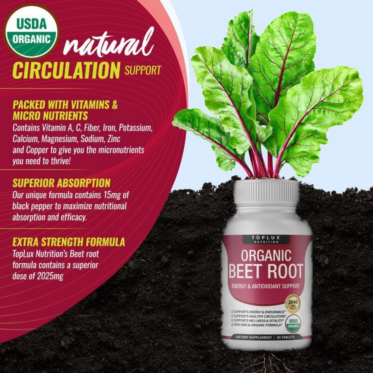 Toplux Organic Beet Root 2040mg 90 Tablets 1/2/3 Pack Energy Circulation Support