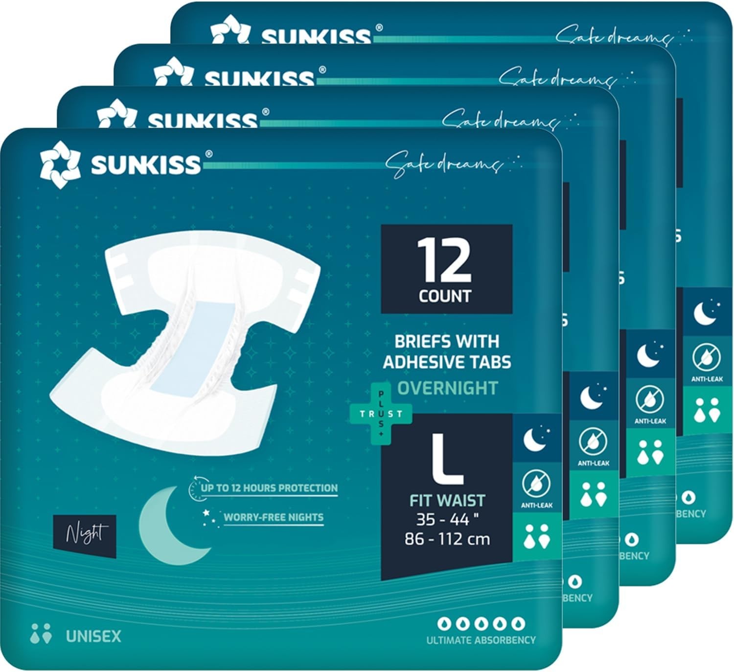 SUNKISS TrustPlus Overnight Adult Diapers with Tabs, Unisex Disposable Inconti