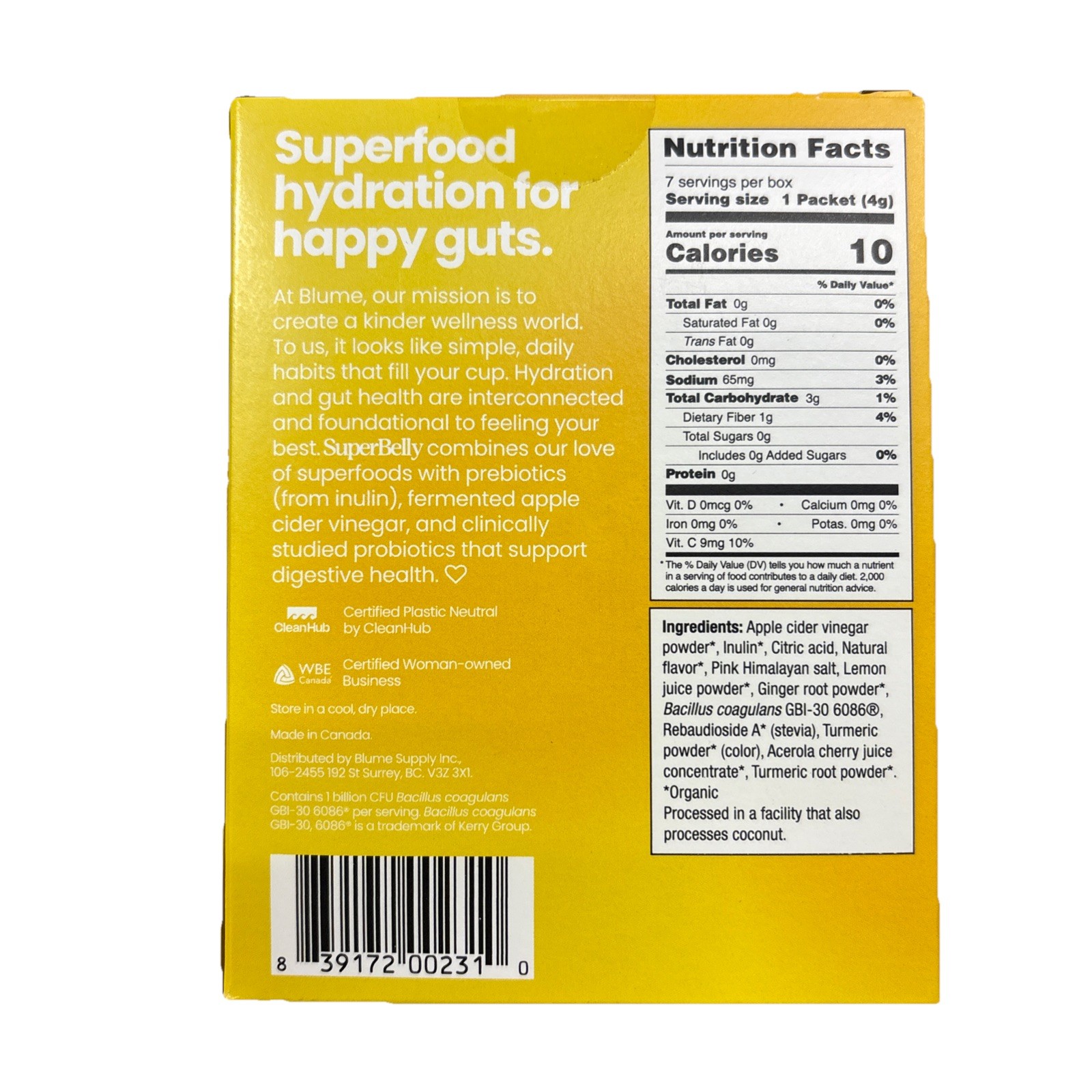 Blume Superbelly Hydration + Probiotic Lemon Ginger 7 Pack 1oz Total BB 05/2026