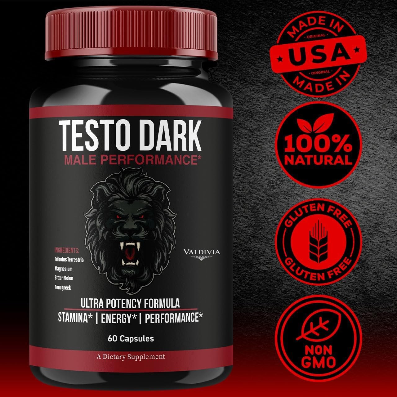 TestoDark Men Daily Wellness Energy Strength Support Capsules 1 Pack 60Ct