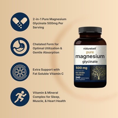 Naturebell Pure Magnesium Glycinate 500mg, 240 Veggie Capsules | 100% Chelated &
