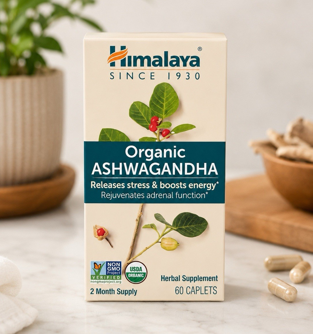 Himalaya Organic Ashwagandha Caplets 60 Ct Vegan Non-GMO Gluten Free Exp 11/2028