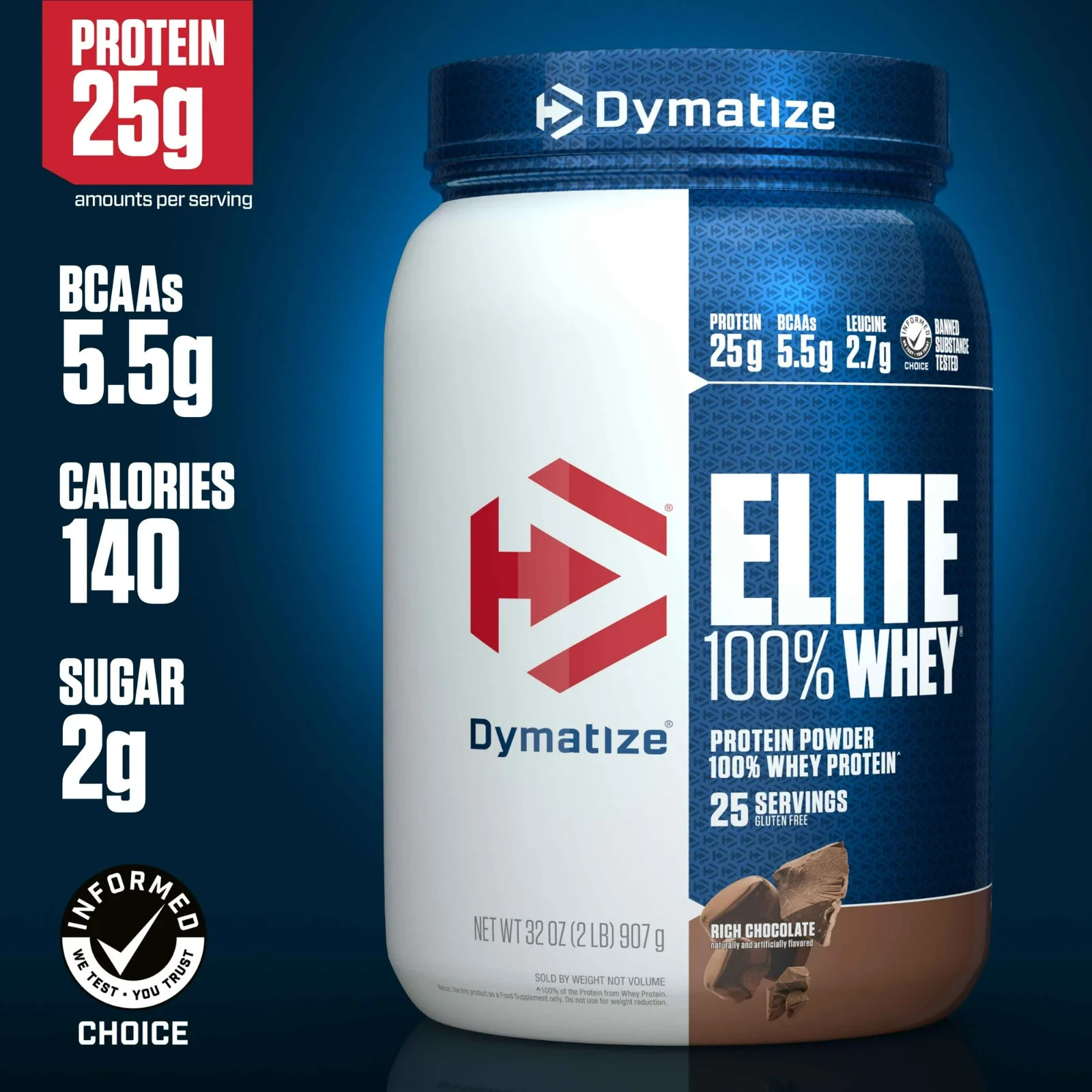 Dymatize Elite 100% Whey Protein Powder, Rich Chocolate, 2 lb